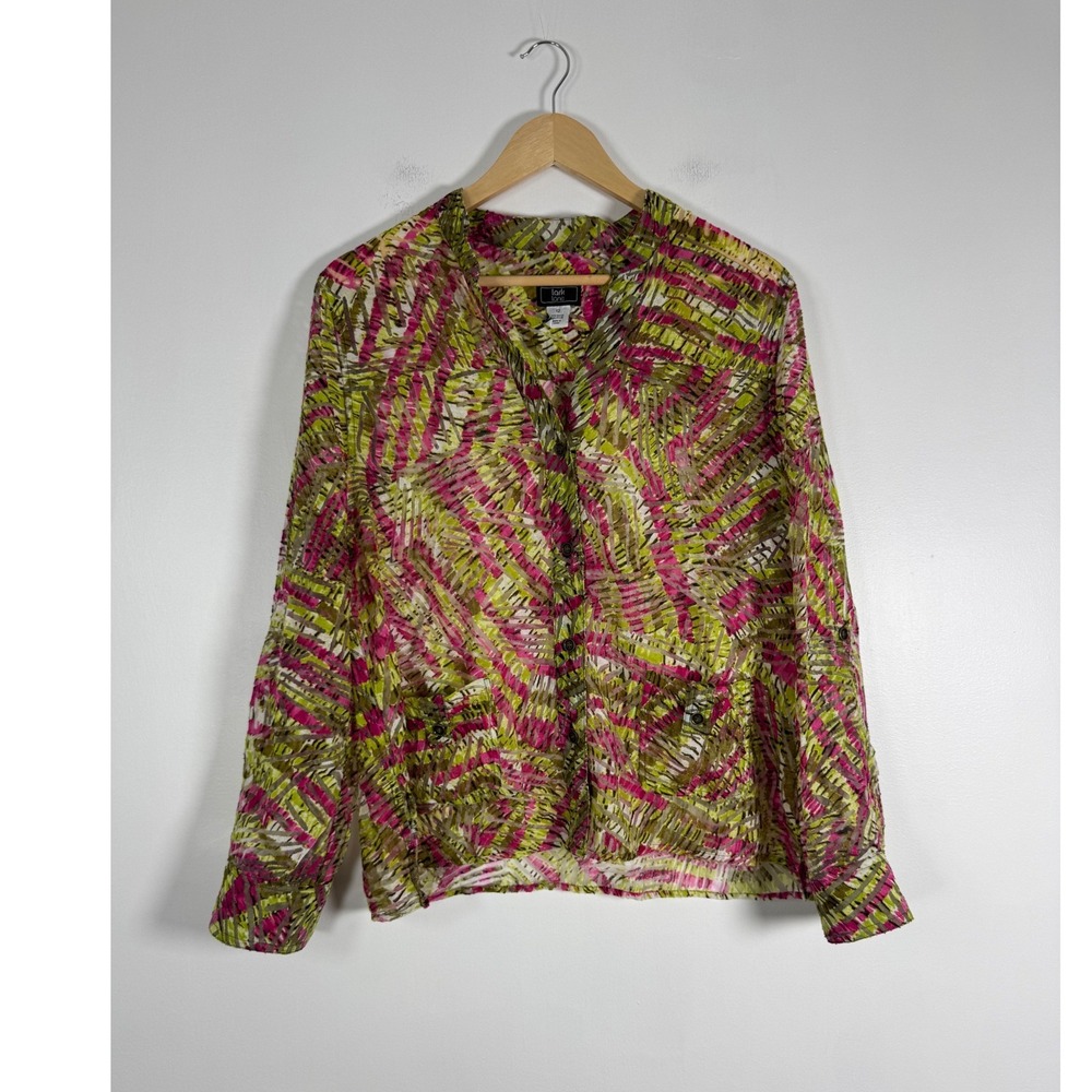 Artistic Lark Lane Womens 12 Button Front Blouse Pink Green Abstract Burnout Top